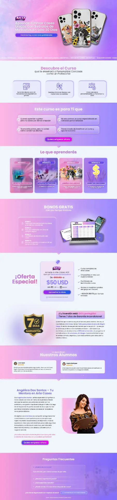 Captura de la landing page del curso Art Cases