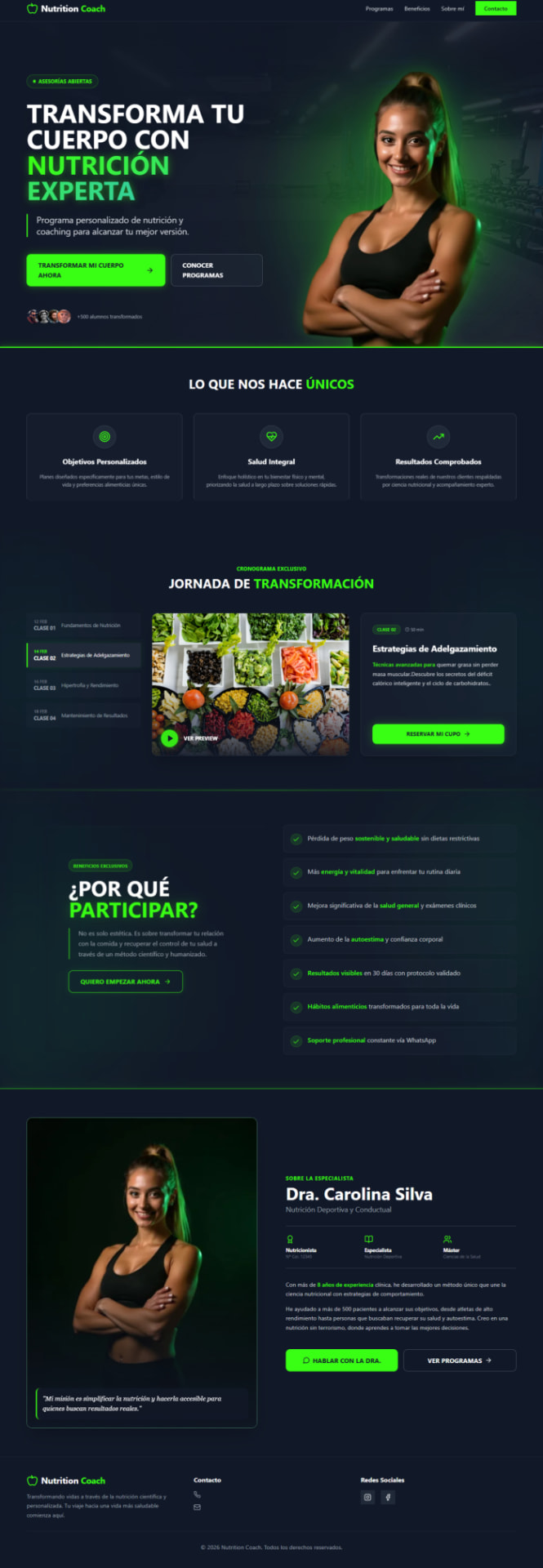 Captura de la landing page diseñada para una coach de nutrición