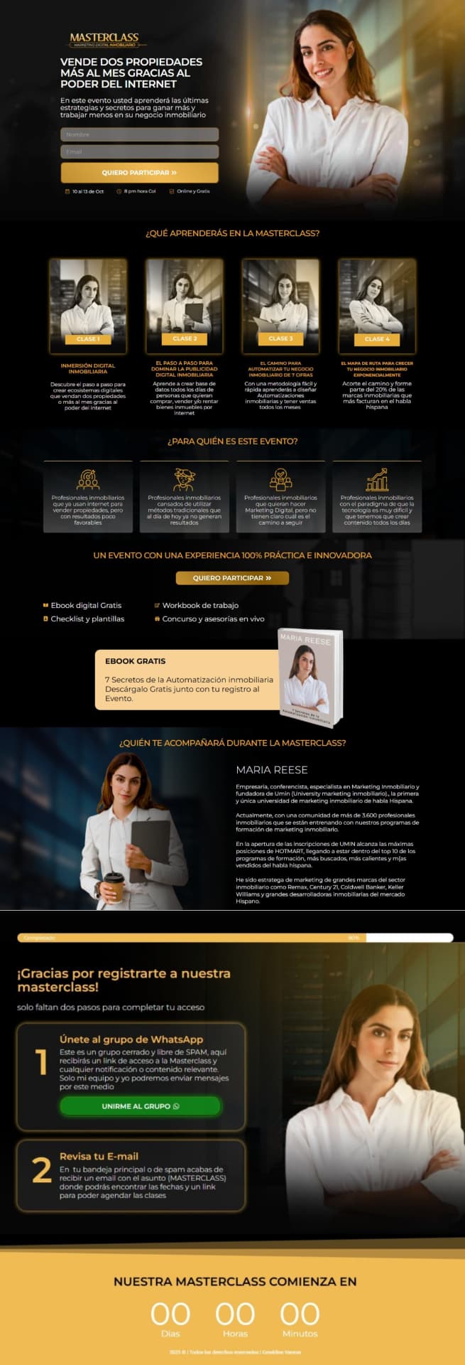 Captura de la landing de captura y página de gracias de una masterclass inmobiliaria